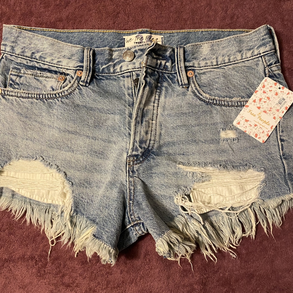 Free People Button Fly Light Blue Distressed Jean Shorts - Picture 2 of 7